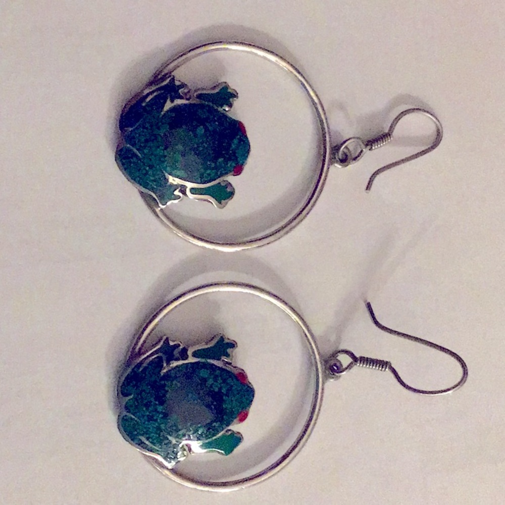 Sterling Silver Enameled Frog Hoop Earrings